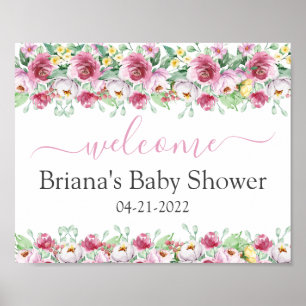 Pink Floral Girl Baby Shower Welcome Sign