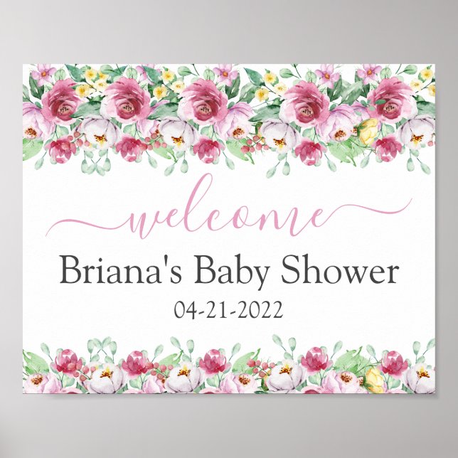 Pink Floral Girl Baby Shower Welcome Sign (Front)