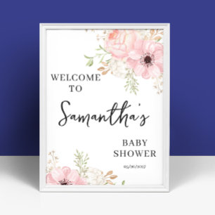 Pink Floral Girl Baby Shower Welcome Sign 