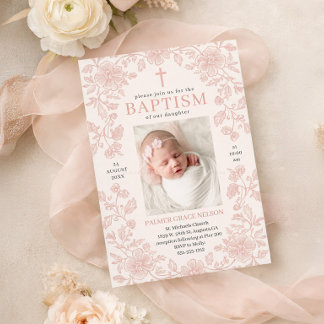 Pink Floral Girl Baptism Invitation