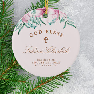 Pink floral girl baptism personalised God bless Ceramic Ornament