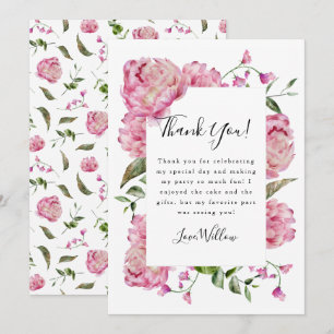 Pink Floral Girl Birthday Party   Thank You Card