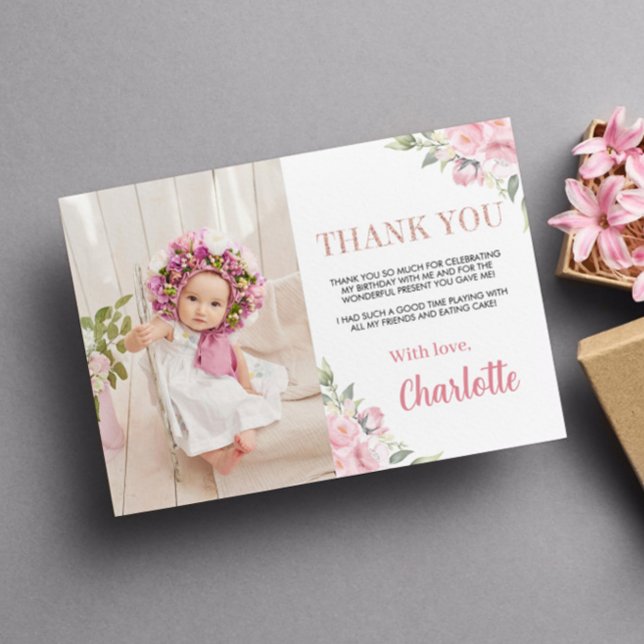 Pink Floral Girl Birthday Photo Thank You Card (Creator Uploaded)