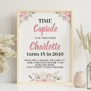 Pink Floral Girl Birthday Time Capsule Sign