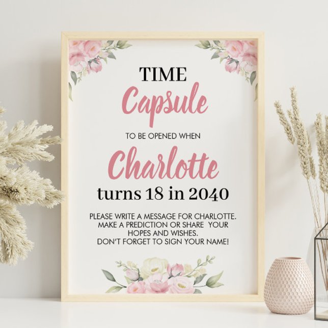 Pink Floral Girl Birthday Time Capsule Sign (Creator Uploaded)