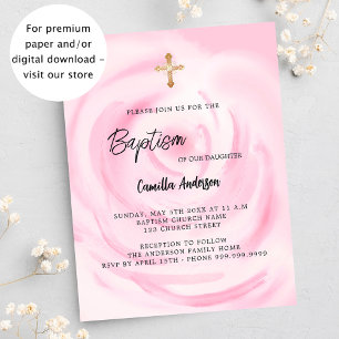 Pink floral girl budget Baptism invitation
