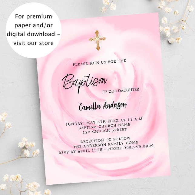 Pink floral girl budget Baptism invitation (Creator Uploaded)