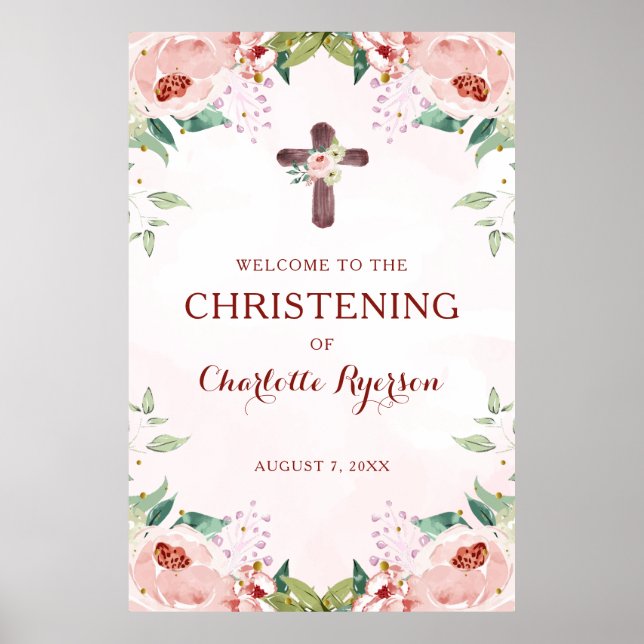 Pink Floral Girl Christening Welcome Poster (Front)