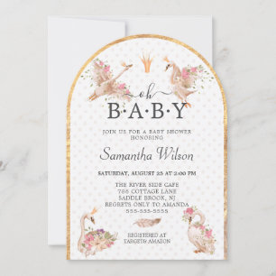 Pink Floral Girl Cute Swan Princess Baby Shower Invitation