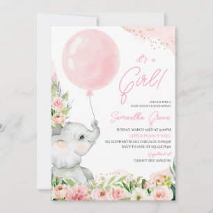 Pink Floral Girl Elephant Baby Shower Invitation
