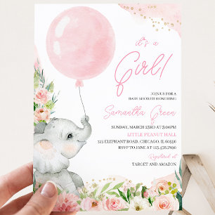  Pink Floral Girl Elephant Baby Shower Invitation