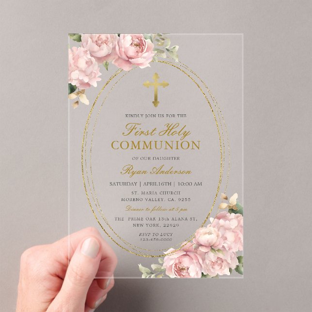 Pink Floral Girl First Holy Communion Gold Cross Acrylic Invitations (Insitu (Handheld))