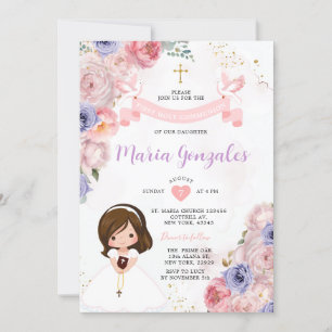 Pink Floral Girl First Holy Communion Gold Cross Invitation
