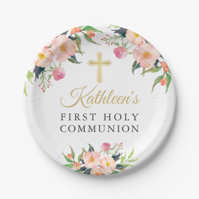 Pink Floral Girl First Holy Communion Paper Plate (Front)
