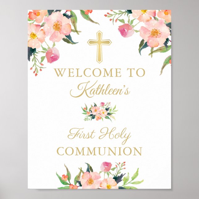 Pink Floral Girl First Holy Communion Welcome Sign (Front)