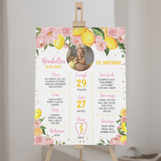 Pink Floral Girl Lemon 1st Birthday Milestone  Poster (Creator Uploaded)