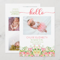 Pink Floral Girl Photo Collage Birth Announcement