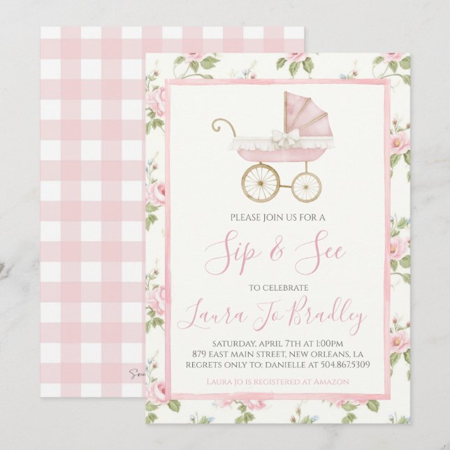 Pink Floral Girl Preppy Southern Sip & See Invitation (Front/Back)