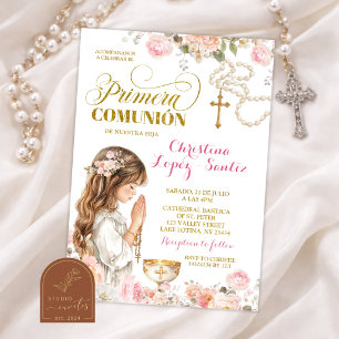 Pink Floral Girl Rosary Primera Comunion Invitacio Invitation