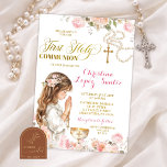 Pink Floral Girl Rosary Primera Comunion Invitation<br><div class="desc">Pink Floral Rosary Primera Comunion Invitacion,  Spanish Catholic First Communion Invite,  Editable Kneeling Girl Primera Comunion</div>