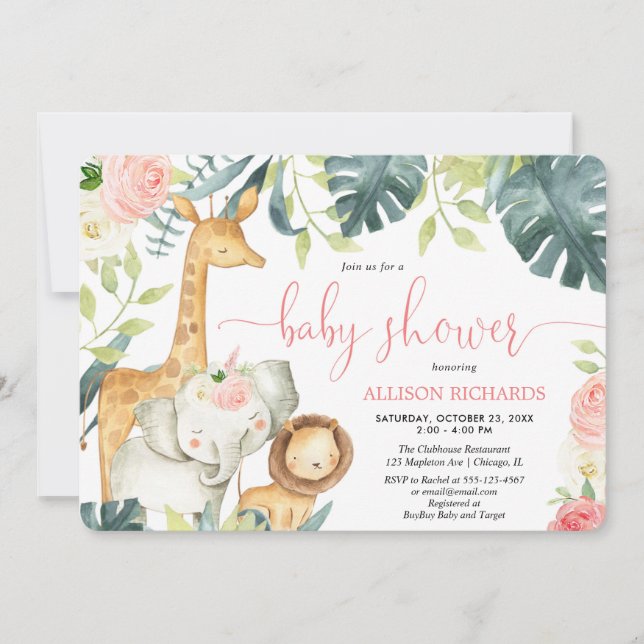 Pink floral girl safari jungle animals baby shower invitation (Front)