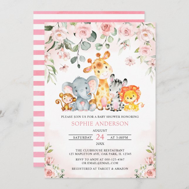 Pink Floral Girl Safari Jungle Animals Baby Shower Invitation (Front/Back)