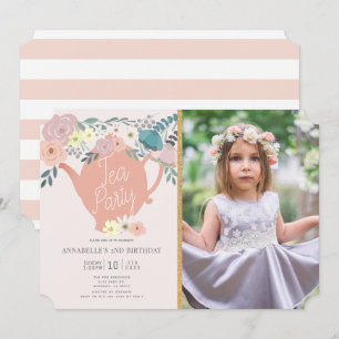 Pink Floral Girl Tea Party Photo Birthday Invitation