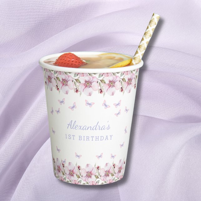 Pink Floral Girl Whimsical Butterfly 1st Birthday Paper Cups (Creator Uploaded)