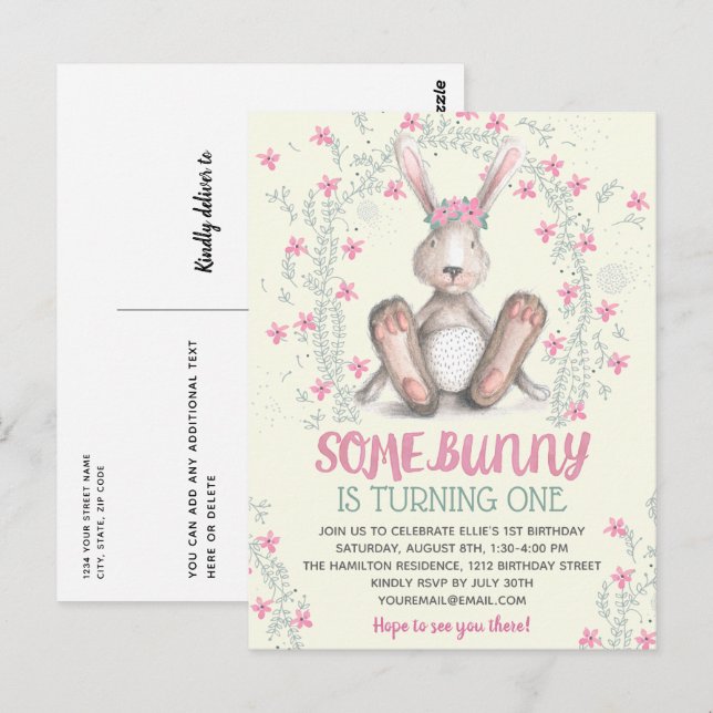 Pink Floral Girls Bunny Birthday Party Invitation Postcard (Front/Back)