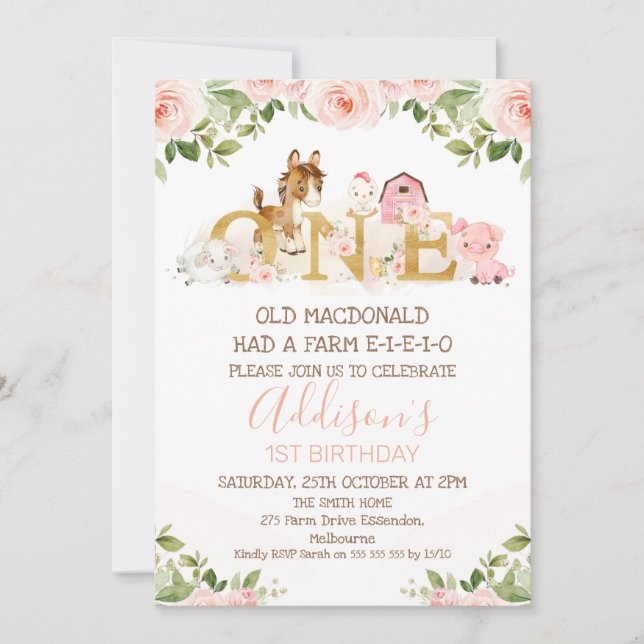 Pink Floral Girls Farm 1st Birthday Invitation (Front)