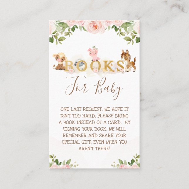 Pink Floral Girls Farm Baby Shower Book Request Business Card (Front)