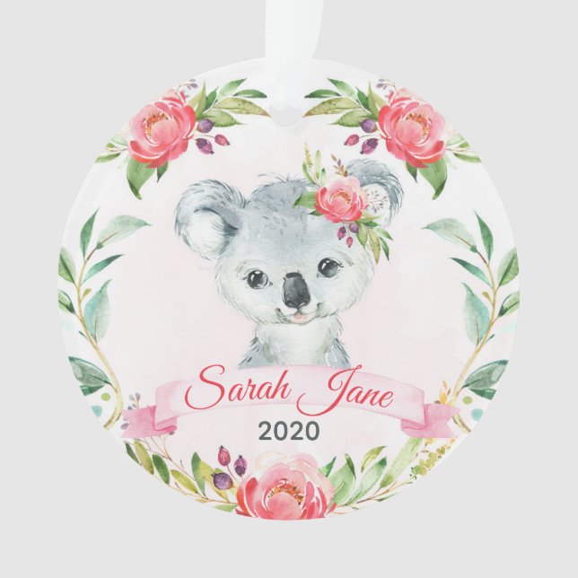 Pink Floral Girls Koala Bear Name Ornament (Front)