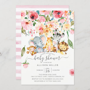 Pink Floral Girls Safari Animals Baby Shower Invitation