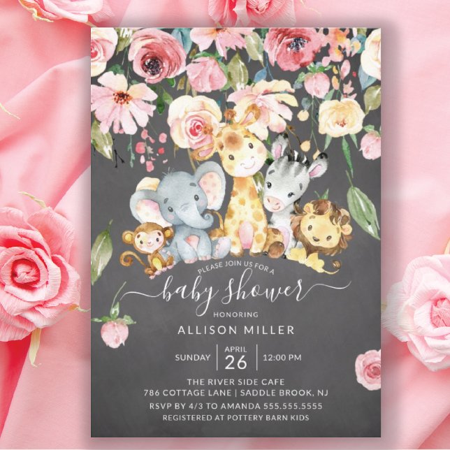 Pink Floral Girls Safari Animals Baby Shower Invitation (Creator Uploaded)