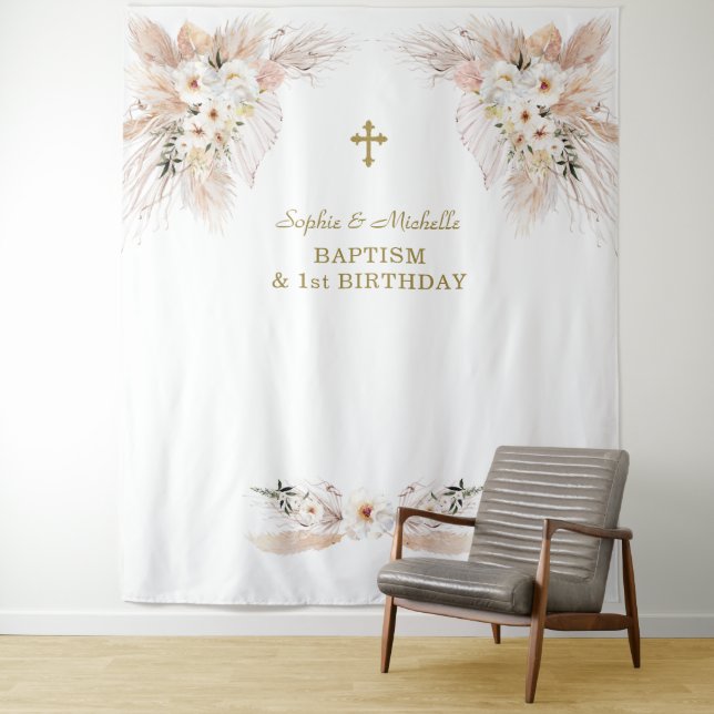 Pink Floral Girls Twins 1st Birthday Baptism Tapes Tapestry (In Situ)