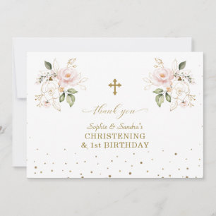 Pink Floral Girls Twins 1st Birthday Christening  Thank You Card
