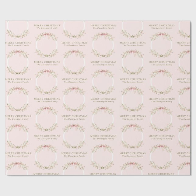 Pink Floral Girly Coquette Bow Photo Christmas Wrapping Paper (Flat)