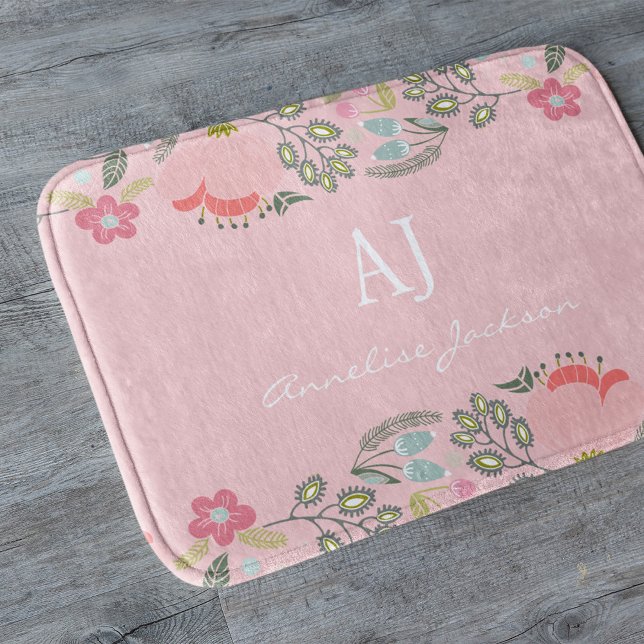Pink floral girly monogram name personalised bath mat (Creator Uploaded)