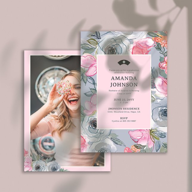 Pink Floral Girly Nursing Photo (Back) Graduation  Invitation (Creator Uploaded)