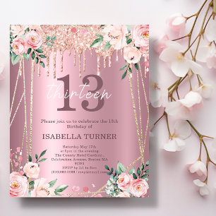 Pink Floral   Glitter 13th Birthday Invitation