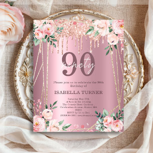 Pink Floral Glitter Budget 90 Birthday Invitation