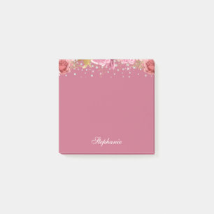 Pink Floral Glitter Custom Name Post-it Notes