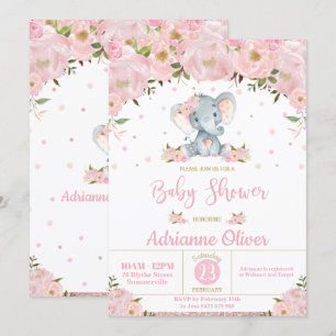 Pink Floral Glitter Cute Elephant Girl Baby Shower Invitation