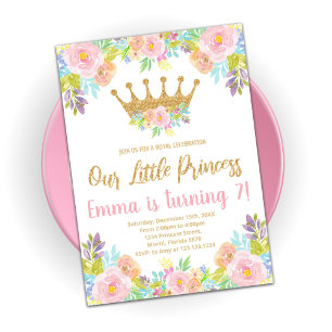 Pink Floral Glitter Princess Birthday Invitations