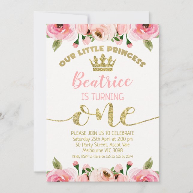 Pink Floral Glitter Princess Crown 1st Birthday Invitation (Front)