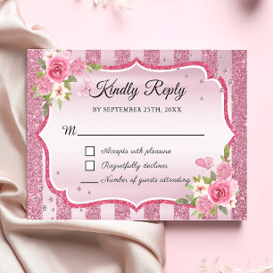 Pink Floral Glitter Quinceanera RSVP Card