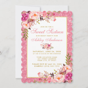 Pink Floral Glitter Sweet 16 Birthday Invite S
