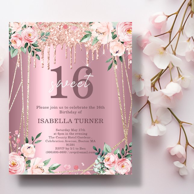 Pink Floral Glitter Sweet 16th Birthday Invitation (Creator Uploaded)