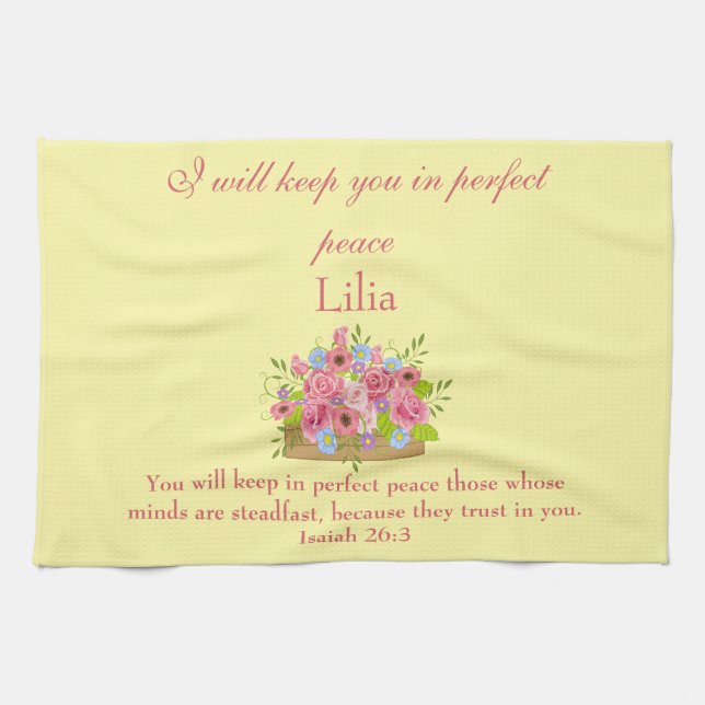 Pink Floral God will keep you in perfect peace Tea Towel (Horizontal)