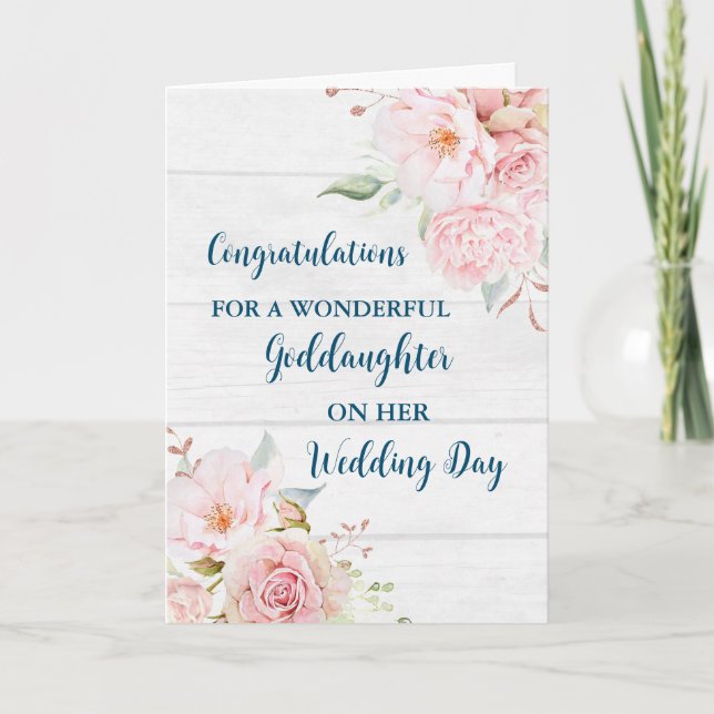 Pink Floral Goddaughter Wedding Congratulations Card (Front)